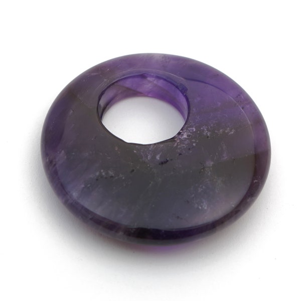 Purple amethyst donut pendant, flat round semiprecious stone with offset hole, 40mm across