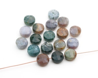18 pcs small flat round faceted Indian agate beads, multicolor green brown semiprecious stone lentils, average 10mm in diameter