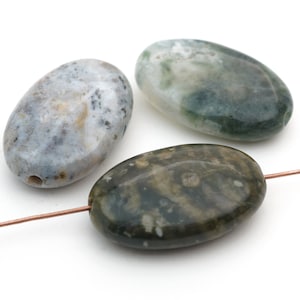 3 pcs oval ocean jasper beads, flat multicolor polished semiprecious stone, average length 30mm