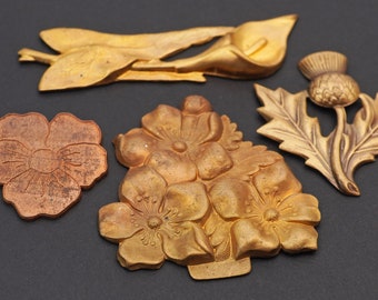 4 pcs assorted brass flower stampings, vintage, pansy, calla lily, thistle, asst size