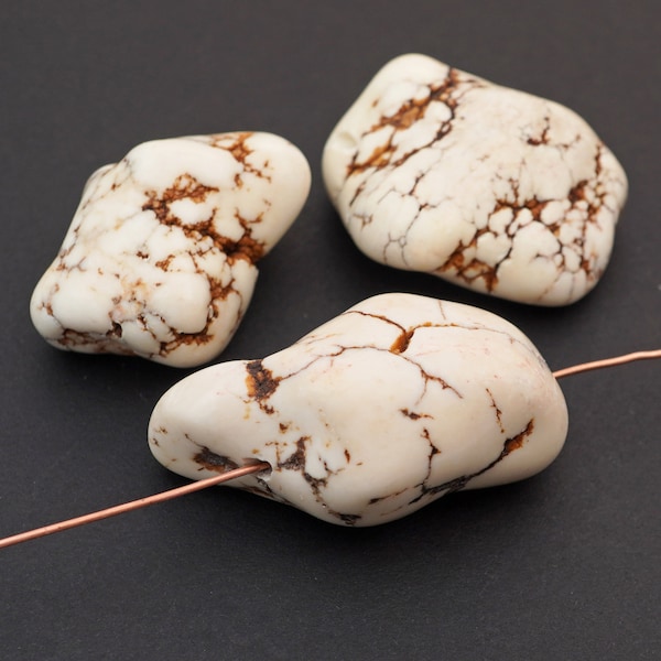3 pcs large white magnesite nugget beads, freeform semiprecious stone, ranges from 27mm to 41mm long