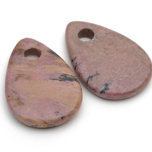 2 pcs flat rhodonite teardrop pendants, opaque pink and black front drilled large hole semiprecious stone, average length 45mm