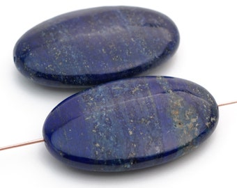 2 pcs large flat oval lapis beads, polished blue semiprecious stone, average length 40mm