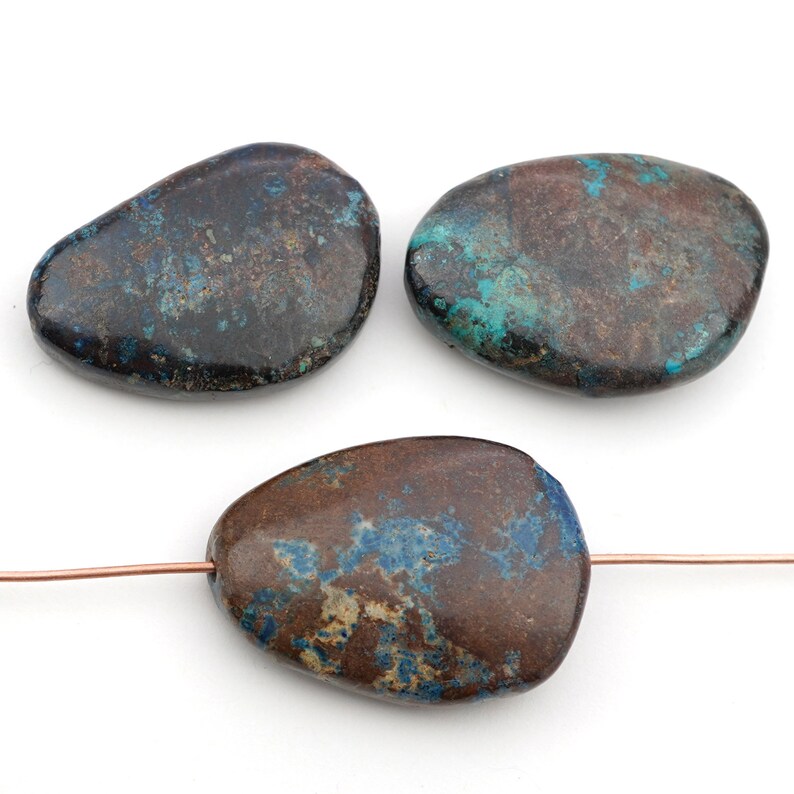 semiprecious stone average 28mm long opaque blue green freeform teardrop 3 pcs flat chrysocolla beads