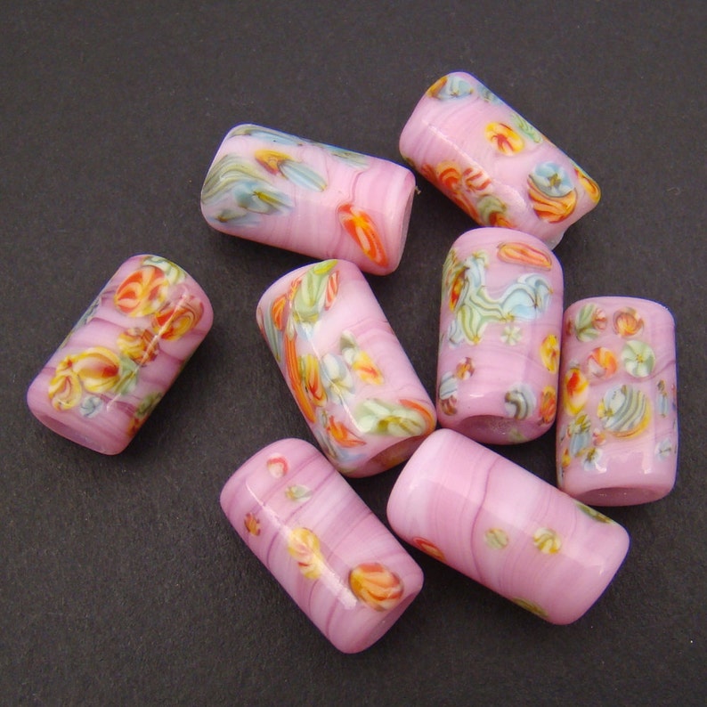 8 pcs vintage large hole beads, pink glass lampwork Japanese with multicolor murrine 14mm image 3