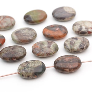 16 pcs flat oval peacock jasper beads, green brown white semiprecious stone, average length 16mm image 1