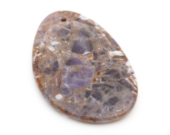 Chevron amethyst pendant, large flat freeform teardrop purple semiprecious stone, front drilled bead, 60mm length