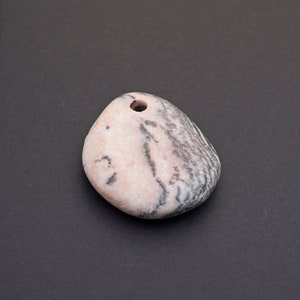 Flat freeform rhodonite teardrop pendant, opaque pink and black front drilled large hole semiprecious stone, 48mm length