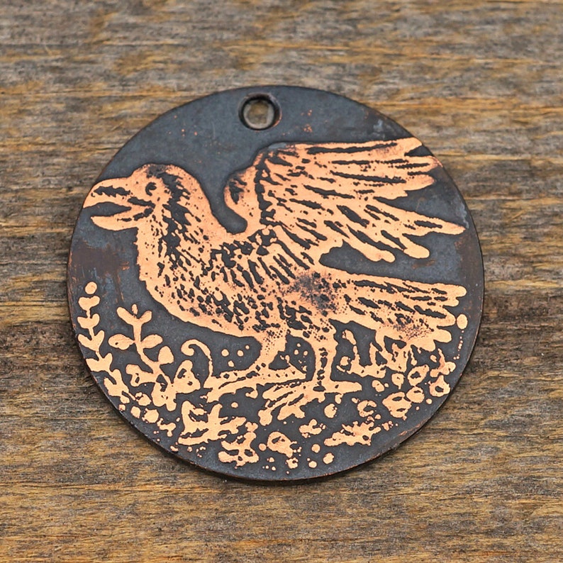 Copper crow charm raven pendant flat etched 28mm