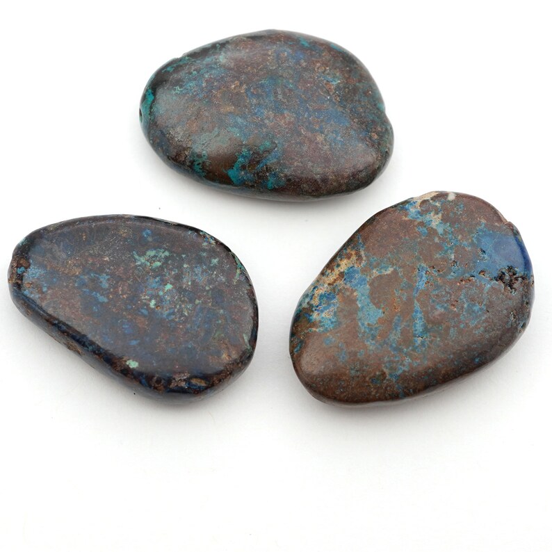 semiprecious stone average 28mm long opaque blue green freeform teardrop 3 pcs flat chrysocolla beads