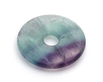 Fluorite donut pendant, flat round teal green purple semiprecious stone, 30mm across