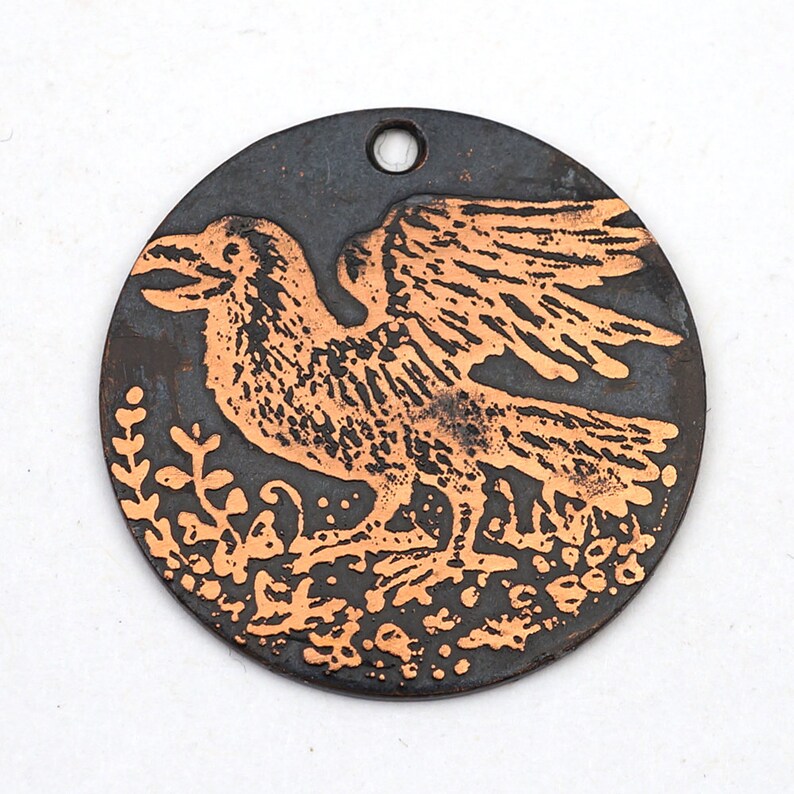 Copper crow charm raven pendant flat etched 28mm