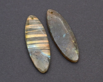 2 pcs labradorite oval pendants, front drilled long flatback semiprecious stone pair, avg length 40mm