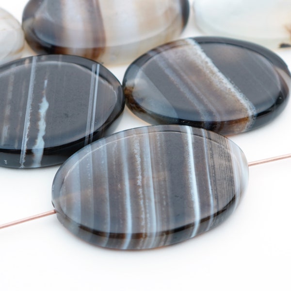 6 pcs large flat oval agate beads, black brown white striped semiprecious stone, average length 35mm