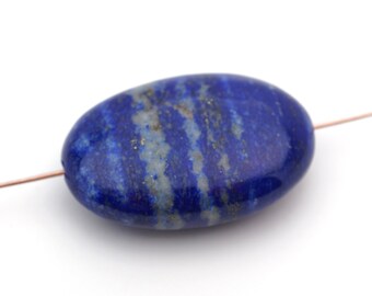 Large polished puff flat oval lapis bead, opaque dark blue semiprecious stone, 37mm