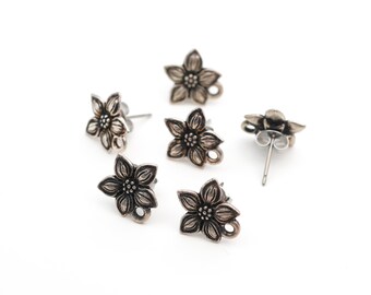 3 pairs antiqued silver plated pewter jasmine flower post earrings with loops by Tierracast, closeout, 6 earring posts total, 12mm across