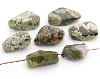 7 pcs rhyolite beads, faceted nugget shape, green brown white semiprecious stone, ranges from 18mm to 24mm long