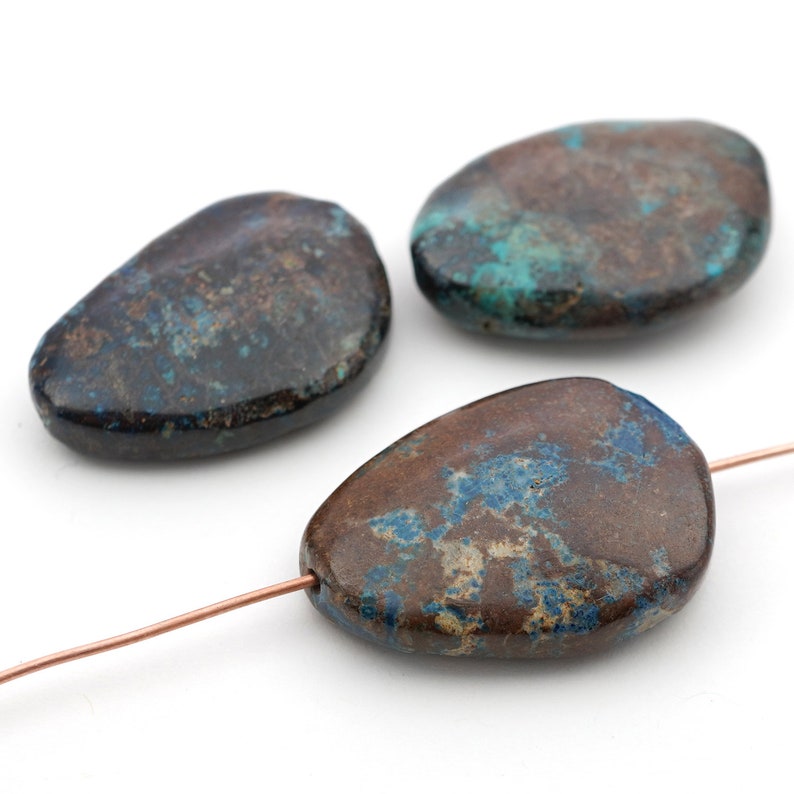 semiprecious stone average 28mm long opaque blue green freeform teardrop 3 pcs flat chrysocolla beads