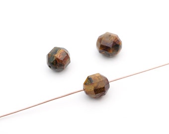 3 pcs small round faceted golden pietersite beads, brown semiprecious prism lantern shape stone, average length 12mm