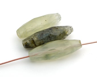 3 pcs long faceted oval prehnite beads, transparent green and opaque black semiprecious stone, average size 30mm