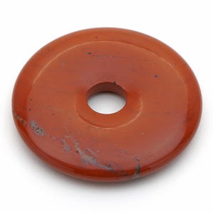 Red jasper donut pendant, flat round rust color semiprecious stone, 40mm across