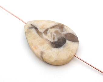 Large graphic granite teardrop bead, flat patterned brown and grey semiprecious stone, 35mm long