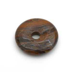 Tiger iron donut pendant, flat round brown black and grey semiprecious stone, 30mm
