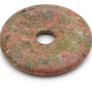 Unakite donut pendant, flat round rust red and green semiprecious stone, 50mm across