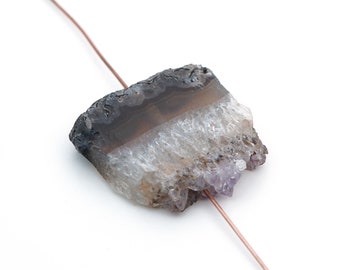 Flat druzy amethyst slice bead, side drilled black banded purple crystal, semiprecious stone focal point, length 32mm
