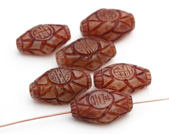 6 pcs hand carved stone beads, flat brown bowenite semiprecious stone, diamond shape, average length 22mm