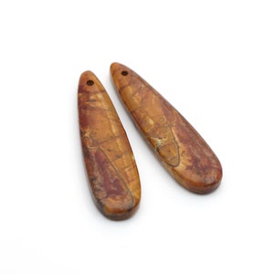 2 pcs red creek jasper teardrop pendants, brown grey front drilled long flatback teardrop semiprecious stone pair, average length 45mm