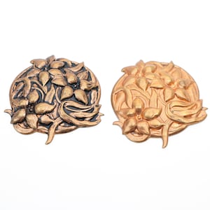 2 pcs large brass flower stampings, vintage clematis five petal with leaves, 48mm