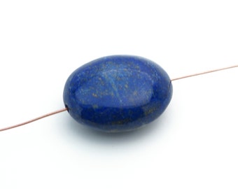 Large polished puff flat oval lapis bead, opaque dark blue semiprecious stone, 32mm long