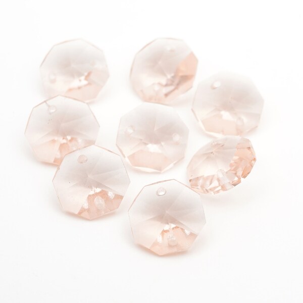 8 pcs vintage two hole faceted beads, transparent peach pink glass beads, 14mm