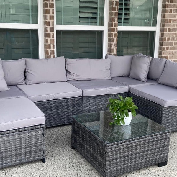 Summer Modern Patio Furniture Set, 7 Piece Outdoor Sofa Set, Washable Grey Cushions & Glass Coffee Table for Porch Poolside Backyard Deck