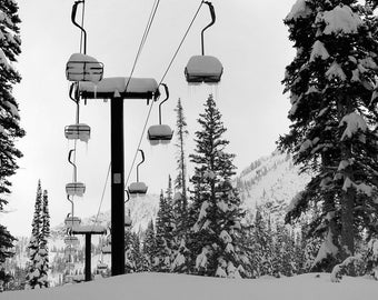 Alta Ski Area Chairlift Black and White - Alta, Utah - Photograph Print Poster Picture Wall Decor Photography Art Artist Images Landscape