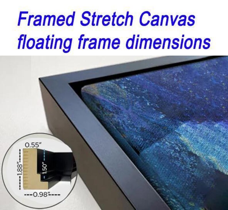 a framed stretch canvas with floating frame dimensions, which is described as a "framed stretch canvas floating frame dimensions" in the image.