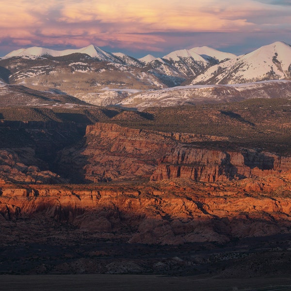 La Sal Mountains Sunset in Moab, Utah - Photograph Print Poster Picture Wall Photography Art Artist Images Camera Collectibles Landscape