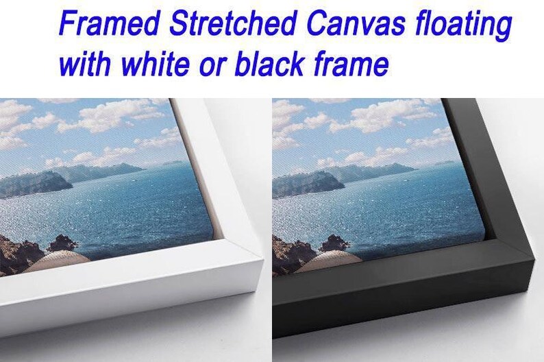 two framed stretched canvas prints, one with a white frame and the other with a black frame, both featuring a scenic landscape of a body of water and mountains.