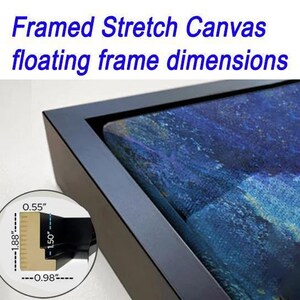 a framed stretch canvas with floating frame dimensions, which is described as a "framed stretch canvas floating frame dimensions" in the image.