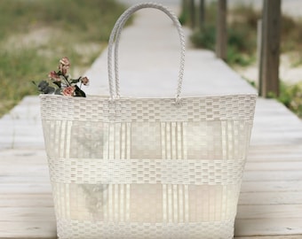 Large SUMMER TOTE BAG. Woven with Boho Recycled Plastic. Semi-Translucent Design. Versatile Beach, Picnic, Market and Travel Bag!