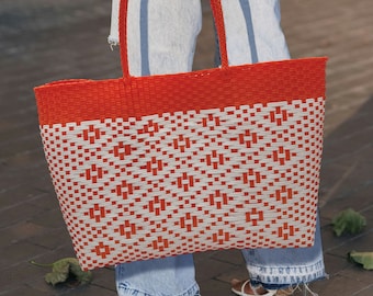 Large TOTE. Woven with Recycled Plastic. Solid Colored with Pattern Design. Versatile Grocery Shopping, Beach, Picnic, and Travel Bag!