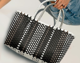 S-M TOTE. Woven with Recycled Plastic. Colorful and Opaque Design. Versatile Beach, Picnic, Grocery Shopping, Daily and Travel Bag!