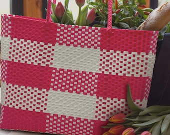 Large SUMMER TOTE BAG. Woven with Boho Recycled Plastic. Colorful and Opaque Design. Versatile Beach, Picnic, Market and Travel Bag!