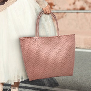F/W Colored Medium TOTE. Woven with Recycled Plastic. Eco-Friendly Design. Hand Woven Plastic Tote.  Versatile Picnic, and Travel Bag!