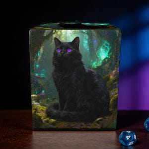 May include: A black cat with glowing purple eyes sits inside a dice box. The box features a forest scene with green and blue accents. Two blue dice with white numbers are on the wooden surface.