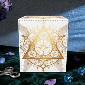 May include: White dice box with a gold geometric design featuring a triangle, wings, and starbursts. The box is square and sits on a green velvet surface. Blue dice and a silver fidget spinner are nearby.