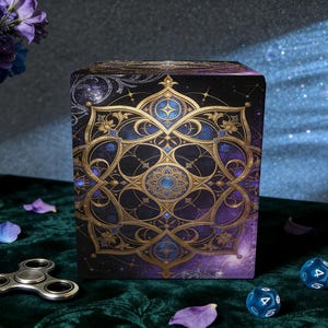May include: A decorative box with a celestial design in gold, blue, and purple. The box features an intricate geometric pattern and is set against a dark background. Dice and a fidget spinner are in the foreground.