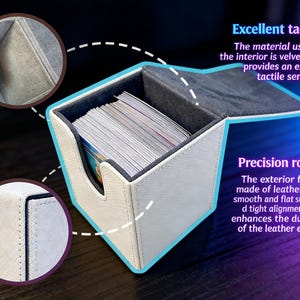 May include: A white and gray card storage box with a flip-top lid. The interior is lined with gray velvet. The exterior is made of leather with a smooth surface and tight alignment. The text on the image says "Excellent tactility" and "Precision routing."