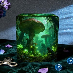 May include: A cube-shaped decorative item featuring a fantasy forest scene with large mushrooms and glowing plants. The artwork is predominantly green and brown, with a hint of blue. A silver fidget spinner and blue dice are in the foreground.
